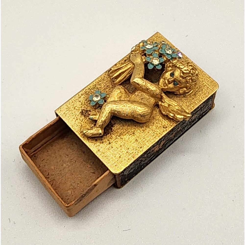 Vintage Cherub Matchbox Holder Gilt Metal Blue Rhinestone Flowers